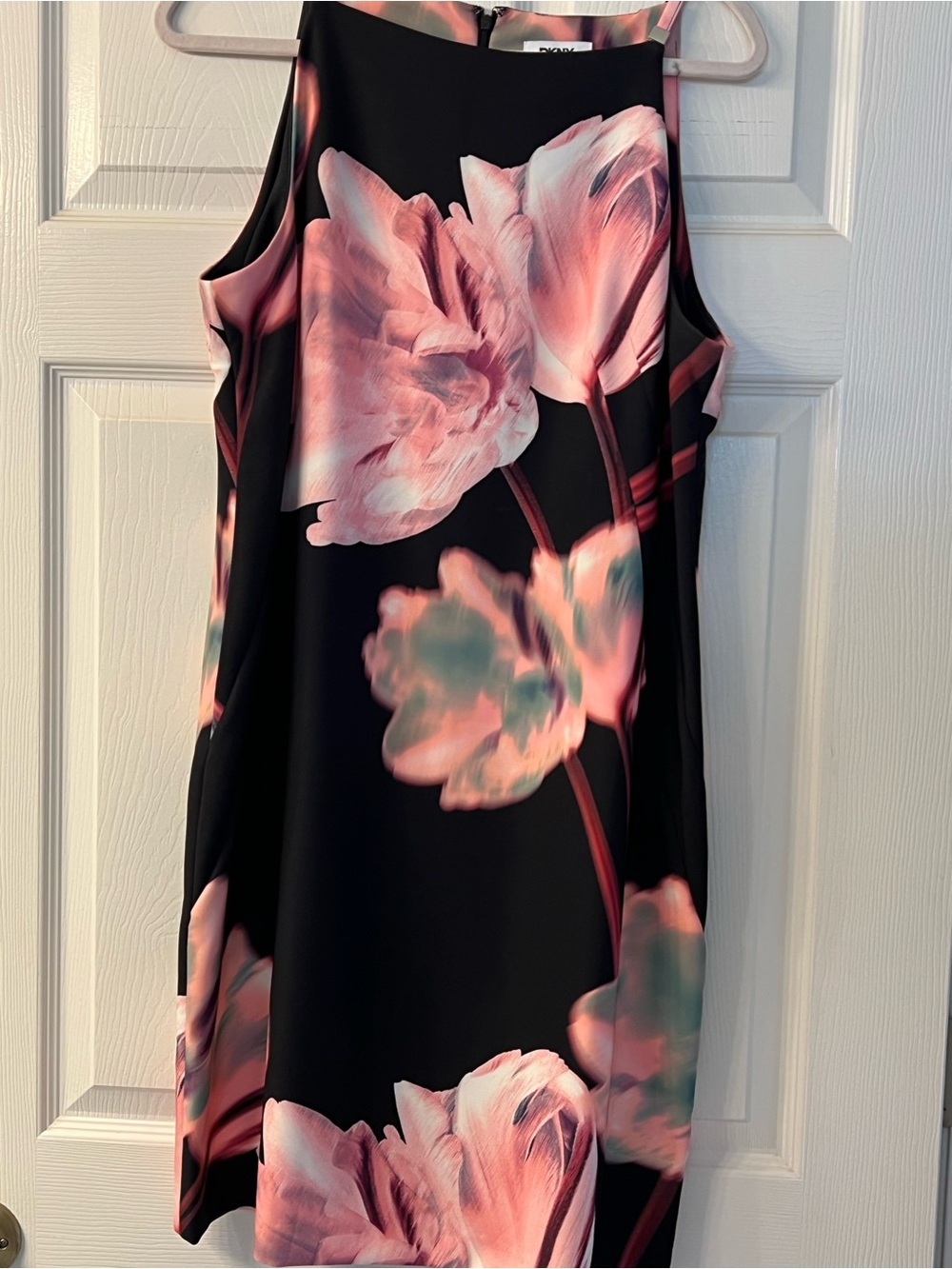 DKNY Floral Midi Dress Black Pink Watercolor Print Sleeveless Elegant Shift